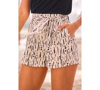Webshorts S.OLIVER, Damen, Gr. 44, N-Gr, beige (beige, schwarz, bedruckt), Web, Obermaterial: 100% Viskose, bedruckt, figurumspielend kurz, Hosen Shorts Strandshorts, mit Alloverdruck und Bindegürtel,