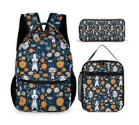 WECECE Kinderrucksack Süßer Hund Gänseblümchen 3-In-1 Set mit Brotdose und Mäppchen für Grundschüler 12 Jahre Schulranzen Blume Tagesrucksack Set Klasse 4 für Schüler Outdoor Reisen Schulweg