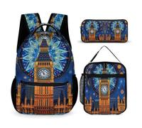 WECECE Rucksack Schule Big Ben Taschen Bundle mit Lunchpaket Tasche für Jungen 6-8 Jahre Kinderrucksack England Schulranzen Bundle Klasse 5 für Kinder Reisen Alltag Schule