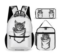 WECECE Schulranzen Kätzchen 3 STK mit Lunch Tasche und Federmappe für Teenager 2. bis 5. Klasse Schultasche Katze 3-teilig Schulset 7-9 Jahre für Jungen Schulweg Outdoor Alltag