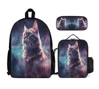 WECECE Schulranzen Katze 3 STK mit Lunch Tasche und Federmappe für Kinder 1.-3. Klasse Tagesrucksack Kätzchen Tier 3-teilig Schulset 10-12 Jahre für Mädchen Camping Alltag Freizeit