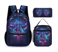 WECECE Schulranzen Stier 3 STK mit Lunch Tasche und Federmappe für Jungen 7-9 Jahre Freizeitrucksack Tier-Kuh-Print 3-teilig Schulset 1.-3. Klasse für Mädchen Outdoor Reisen Schulweg