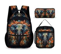 WECECE Schultasche Elefanten 3 STK mit Lunch Tasche und Federmappe für Jungen 4. bis 6. Klasse Schultasche Afrikanische Tiere Schulranzen Set 7-9 Jahre für Kinder Freizeit Wandern Alltag
