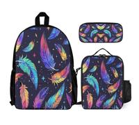 WECECE Schultasche Feder-Print 3 STK mit Lunch Tasche und Federmappe für Jungen 1.-3. Klasse Rucksack Schule Bunt Schulranzen Set 11-13 Jahre für Jungen Schulweg Outdoor Alltag