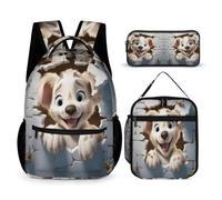 WECECE Schultasche Hunde-Print 3 STK mit Lunch Tasche und Federmappe für Kinder 3. bis 7. Klasse Schultasche Süßer Welpe Schulranzen Set 7-9 Jahre für Mädchen Freizeit Wandern Alltag