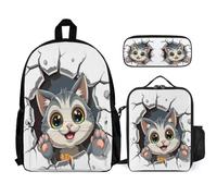 WECECE Schultasche Kätzchen 3-In-1 Set mit Brotdose und Mäppchen für Jungen 6 Jahre Schultasche Tier-Katze 3-teilig Schulset Klasse 3 für Schüler Geschenk zum Schulanfang Reisen