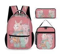WECECE Schultasche Kätzchen 3 STK mit Lunch Tasche und Federmappe für Kinder 8 Jahre Schulranzen Katze Schulranzen Bundle 2. bis 5. Klasse für Mädchen Schule Outdoor Reisen
