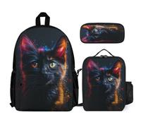 WECECE Schultasche Katze 3 STK mit Lunch Tasche und Federmappe für Teenager 9 Jahre Kinderrucksack Tier-Kätzchen-Print 3-teilig Schulset Klasse 2 für Teenager Alltag Outdoor Schule Reisen