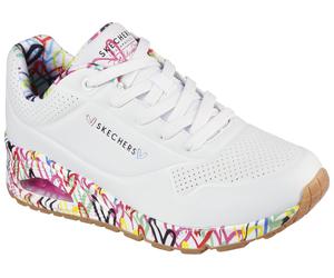 Wedgesneaker SKECHERS "UNO-LOVING LOVE", Damen, Gr. 40, bunt (weiß, bunt), Lederimitat, Schuhe, Freizeitschuh, Halbschuh, Schnürschuh mit coolem Graffiti-Print (38217066-40) weiß, bunt
