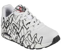 Wedgesneaker SKECHERS "UNO-SPREAD THE LOVE", Damen, Gr. 35, weiß, schwarz 2, Lederimitat, kontrastfarbene Details, sportlich, Schuhe, Freizeitschuh, Halbschuh, Schnürschuh mit coolem Graffiti-Print, T