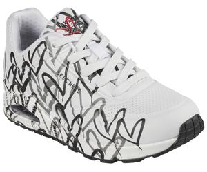 Wedgesneaker SKECHERS "UNO-SPREAD THE LOVE", Damen, Gr. 35, weiß, schwarz 2, Lederimitat, kontrastfarbene Details, Schuhe Wedgesneaker, Freizeitschuh, Halbschuh, Schnürschuh mit coolem Graffiti-Print,