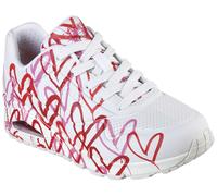Wedgesneaker SKECHERS "UNO-SPREAD THE LOVE", Damen, Gr. 35, weiß (weiß, rot), Lederimitat, kontrastfarbene Details, Schuhe Wedgesneaker, Freizeitschuh, Halbschuh, Schnürschuh mit coolem Graffiti-Print