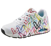 Wedgesneaker SKECHERS "UNO-SPREAD THE LOVE", Damen, Gr. 37, weiß (weiß, bunt allover), Lederimitat, kontrastfarbene Details, Schuhe, Freizeitschuh, Halbschuh, Schnürschuh mit coolem Graffiti-Print (18