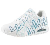 Wedgesneaker SKECHERS "UNO-SPREAD THE LOVE", Damen, Gr. 38, blau (weiß, türkis), Lederimitat, kontrastfarbene Details, Schuhe, Freizeitschuh, Halbschuh, Schnürschuh mit coolem Graffiti-Print (30222066