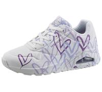Wedgesneaker SKECHERS "UNO-SPREAD THE LOVE", Damen, Gr. 38, lila (weiß, lila), Lederimitat, kontrastfarbene Details, sportlich, Schuhe, Freizeitschuh, Halbschuh, Schnürschuh mit coolem Graffiti-Print,