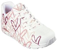 Wedgesneaker SKECHERS "UNO-SPREAD THE LOVE", Damen, Gr. 38, rosa (weiß, rosa), Lederimitat, kontrastfarbene Details, Schuhe Wedgesneaker, Freizeitschuh, Halbschuh, Schnürschuh mit coolem Graffiti-Prin