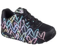 Wedgesneaker SKECHERS "UNO-SPREAD THE LOVE", Damen, Gr. 38, schwarz (schwarz multi), Lederimitat, kontrastfarbene Details, sportlich, Schuhe, Freizeitschuh, Halbschuh, Schnürschuh mit coolem Graffiti-