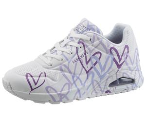 Wedgesneaker SKECHERS "UNO-SPREAD THE LOVE", Damen, Gr. 40, lila (weiß, lila), Lederimitat, kontrastfarbene Details, Schuhe Wedgesneaker, Freizeitschuh, Halbschuh, Schnürschuh mit coolem Graffiti-Prin
