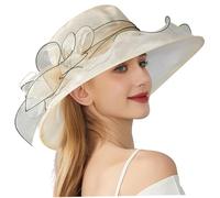 Wedhapy Fascinator-Hüte für Damen Tea-Party-Fascinator-Hüte für Damen breite Krempe Organza Kopfbedeckung für die Kirche Tea-Party Elegante modische Vintage-Kappe Beige
