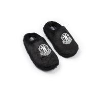 Wednesday Schwarze Pantoletten mit Logo für Mädchen | Flauschige Hausschuhe für zu Hause | Merchandise mit Fernsehsendungen | Bequeme Schuhe für Kinder