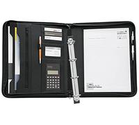WEDO 581101 Collegemappe A4, genarbtes Kunstleder, Reißverschluss, mehrere Fächer, herausnehmbare 4-Ring-Mechanik, Stiftschlaufen, inkl. Solar Taschenrechner, schwarz