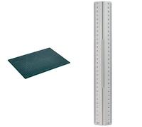 Wedo 79130 Schneideunterlage Cutting Mat A4 (CM 30, selbstschließende Oberfläche, 30 x 22 x 0,3 cm) grün & 525235 Lineal aus Aluminium 30 cm mit Griff für Rechts- und Linkshänder, silber