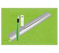 Wedo Pro Cutting Set | Lineal aus Aluminium 30 cm mit Griff für Rechts- und Linkshänder mit rutschsicherer Gummieinlage im Set mit Cutter Skalpell Comfortline mit Softgriff inklusive 5 Ersatzklingen und Schutzkappe und selbst schließender Schneidunterlage