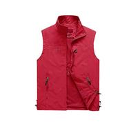 WEGUKRI Dünne Freizeitweste für Herren, Weste mit vielen Taschen, Sommer-Reißverschluss, normale Weste, rot, XXXXL