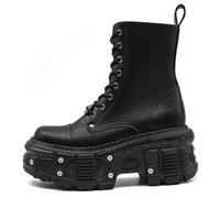 WEHAM Damen Goth Plattform Combat Stiefel mit Nietenbuckel, klobigem Blockabsatz, Knöchel-Stiefeletten, wasserdicht, Motorrad-Stiefel,Schwarz,43