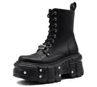 WEHAM Damen Goth Plattform Combat Stiefel mit Nietenbuckel, klobigem Blockabsatz, Knöchel-Stiefeletten, wasserdicht, Motorrad-Stiefel,Schwarz,36
