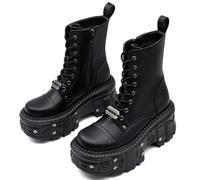 WEHAM Damen Goth Plattform Combat Stiefel mit Nietenbuckel, klobigem Blockabsatz, Knöchel-Stiefeletten, wasserdicht, Motorrad-Stiefel,Schwarz,40