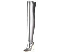 WEHAM Damen Stiletto High Heel Overknee Stiefel, Spitz zulaufende Stretch Kunstleder Oberschenkelhohe Stiefel für den Nachtclub,Silber,37