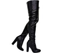 WEHAM Overknee-Stiefel mit Blockabsatz und spitzer Spitze für Damen, 8 cm hohe Herbst-/Winterstiefel aus PU-Leder,Schwarz,43