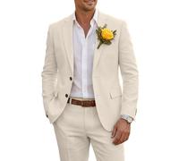 Wehilion 2-teiliger Leinenanzug für Herren, schmale Passform, lässig, Sommer, Strand, Hochzeit, Smoking, Abschlussball, leichte Blazer-Jacke und Hose, Beige, M