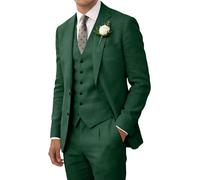 Retro Leinen Herren Anzug Strand Hochzeit Anzug Sommer Slim Fit 3 Stück Leichte Leinen Anzug Jacke Weste Hose Homecoming Smoking, Dunkelgrün, XL