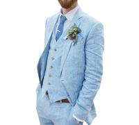 Wehilion Retro-Leinenanzug für Herren, Strand, Hochzeit, Sommer, schmale Passform, 3-teilig, leicht, atmungsaktiv, Jacke, Weste, Hose, Smoking, Babyblau, L