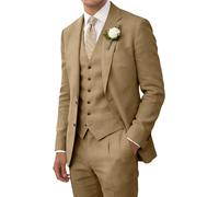 Wehilion Retro-Leinenanzug für Herren, Strand, Hochzeit, Sommer, schmale Passform, 3-teilig, leicht, Leinen, Anzugjacke, Weste, Hose, Smoking, Khaki, L