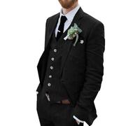 Wehilion Retro-Leinenanzug für Herren, Strand, Hochzeit, Sommer, schmale Passform, 3-teilig, leicht, Leinen, Anzugjacke, Weste, Hose, Smoking, Schwarz, XL