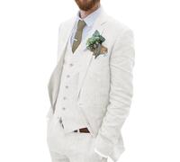 Wehilion Retro-Leinenanzug für Herren, Strand, Hochzeit, Sommer, schmale Passform, 3-teilig, leicht, Leinen, Anzugjacke, Weste, Hose, Smoking, Weiss/opulenter Garten, L