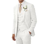 Wehilion Retro-Leinenanzug für Herren, Strand, Hochzeit, Sommer, schmale Passform, 3-teilig, leicht, Leinen, Anzugjacke, Weste, Hose, Smoking, Elfenbein, S