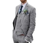 Wehilion Retro-Leinenanzug für Herren, Strand, Hochzeit, Sommer, schmale Passform, 3-teilig, leicht, Leinen, Anzugjacke, Weste, Hose, Smoking, Grau, XX-Large