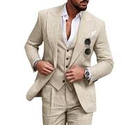 Wehilion Retro-Leinenanzug für Herren, Strand, Hochzeit, Sommer, schmale Passform, 3-teilig, leicht, Leinen, Anzugjacke, Weste, Hose, Smoking, Beige, L