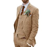 Wehilion Retro-Leinenanzug für Herren, Strand, Hochzeit, Sommer, schmale Passform, 3-teilig, leicht, Leinen, Anzugjacke, Weste, Hose, Smoking, Khaki, XX-Large