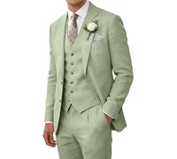 Retro Leinen Männer Anzug für Strand Hochzeit - Sommer Slim Fit 3 Stücke Leichte Jacke Weste Hose Homecoming Smoking, Hellgrün, XL