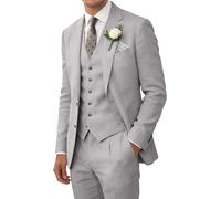 Wehilion Retro-Leinenanzug für Herren, Strand, Hochzeit, Sommer, schmale Passform, 3-teilig, leicht, Leinen, Anzugjacke, Weste, Hose, Smoking, Grau, L