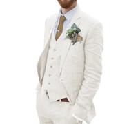 Wehilion Retro-Leinenanzug für Herren, Strand, Hochzeit, Sommer, schmale Passform, 3-teilig, leicht, Leinen, Anzugjacke, Weste, Hose, Smoking, Elfenbein, S