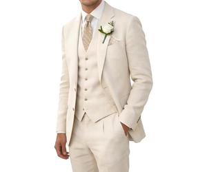 Wehilion Retro-Leinenanzug für Herren, Strand, Hochzeit, Sommer, schmale Passform, 3-teilig, leicht, Leinen, Anzugjacke, Weste, Hose, Smoking, Beige, S