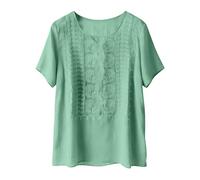 Weibliche bestickte Leinen Bluse mit Rundhalsausschnitt & Kurzarm - edle Boho Tunika mit feiner Stickerei, luftiges Sommer Oberteil für Alltag Freizeit und ruhige entspannte Tage(Mint Green, XL)