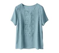 Weibliche bestickte Leinen Bluse mit Rundhalsausschnitt & Kurzarm - edle Boho Tunika mit feiner Stickerei, luftiges Sommer Oberteil für Alltag Freizeit und ruhige entspannte Tage(Light Blue, XL)