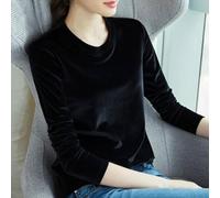 Weibliches Longsleeve Samt Stoff Rundhalsshirt Figurbetont Elegant Oberteil Schwarz Grün L-3XL(Black 2XL)